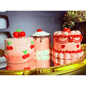 Valentine Cherry Cake Decor Set of 3 Faux Dessert Pink Bakery NWT